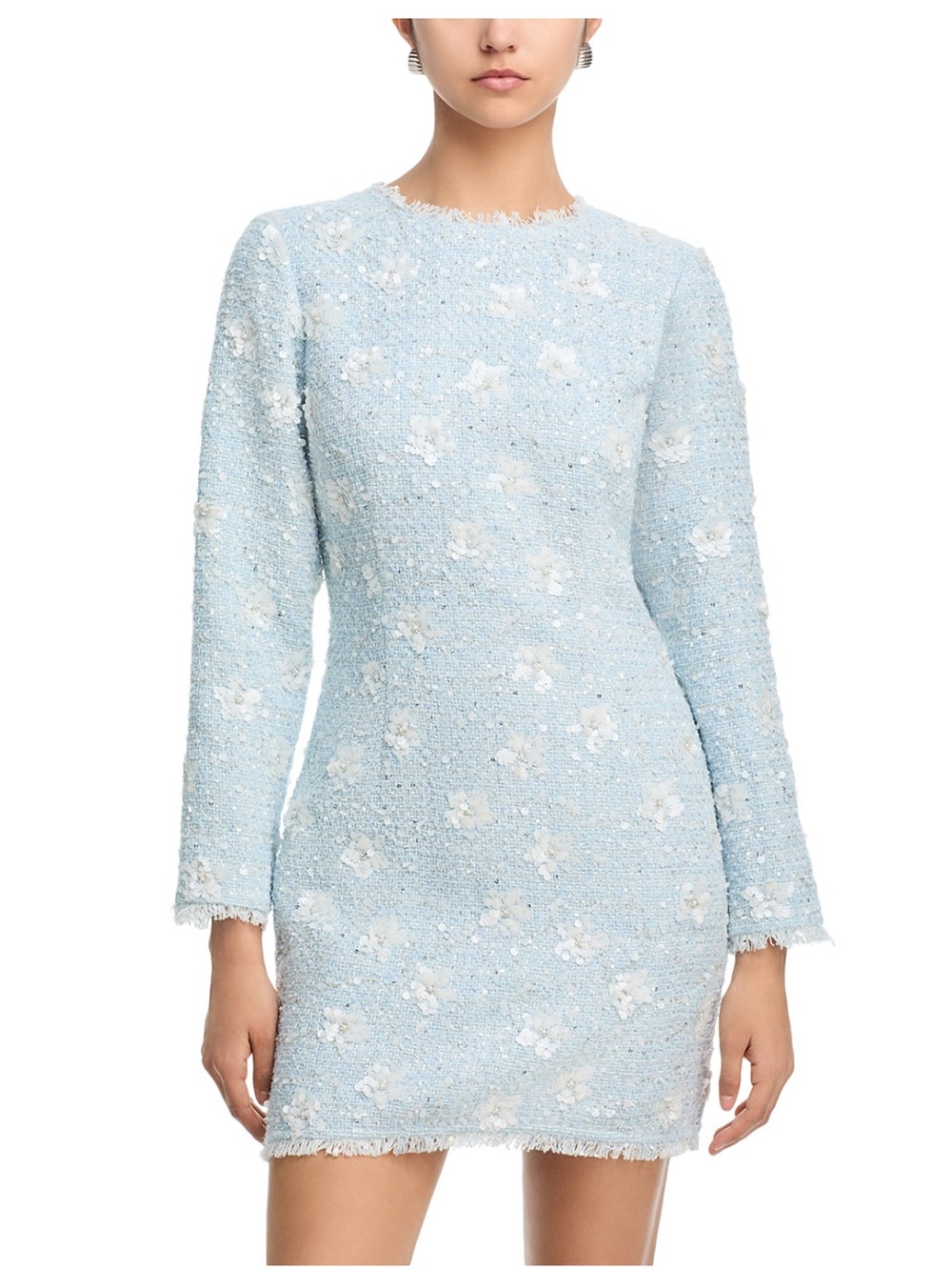 Sky Blue Tweed and Sequin Mini Long Sleeve Dress